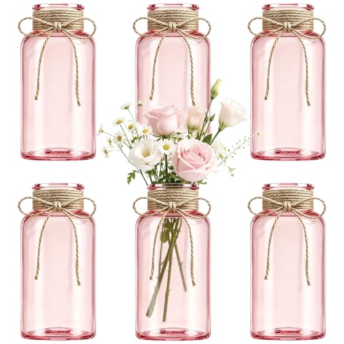 Mason Jar Glass Vases 6 Pack, Pink Flower Vase for Centerpieces - color: Pink