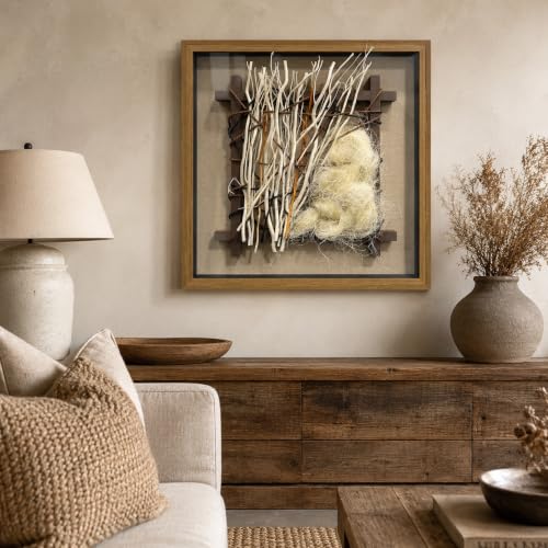 BrightA Linear Minimalist Woven Rope Art Framed Wall Sculpture - color: White + Brown + Natural Beige + Natural wood tone, size: 23.6"x23.6"