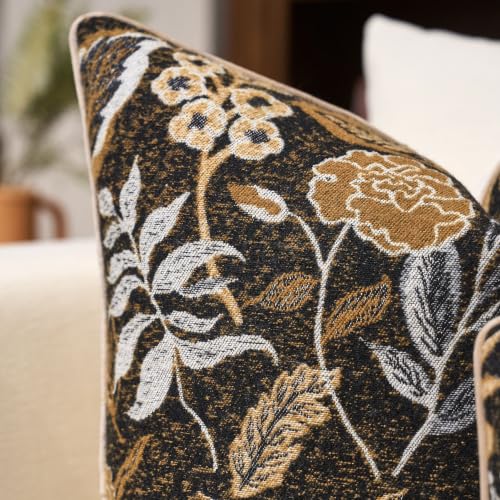 Black Floral Textured Throw Pillow Cover 24x24 Fall Vintage Rust Pillow Cover Farmhouse Summer Leaf Cushion Cover Chenille Neutral Flower Pillowcase Home Decor for Sofa Living Room Bedding - color: Black, size: 24" x 24" (Pack of 1)