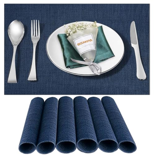 Blue Vinyl Placemats Set of 6,Washable Dining PVC Table Mats - color: Navy Blue, size: 6PCS 12"Wx18"L