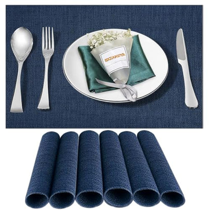 Blue Vinyl Placemats Set of 6,Washable Dining PVC Table Mats - color: Navy Blue, size: 6PCS 12"Wx18"L