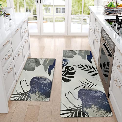 Homcomoda Kitchen Rugs and Mats Non Skid Anti Fatigue Kitchen Mats for Floor 2 Piece Boho Cushioned Kitchen Rugs Waterproof Comfort Standing Mat for Kitchen Sink Office Laundry - color: B Blue, size: 17.3"x28"+17.3"x47"/0.4inch