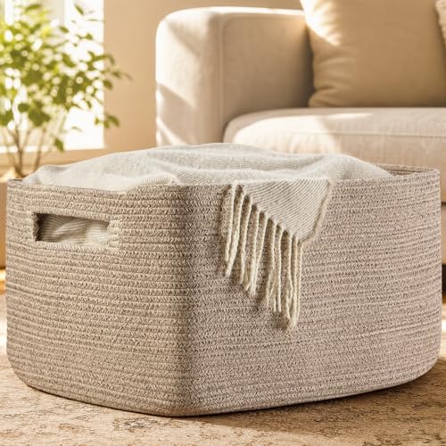 Optish 75L Large Woven Blanket Basket, Storage Basket with Handles, Brown - color: Brown, size: 22" x 17" x 11.5"(75L)