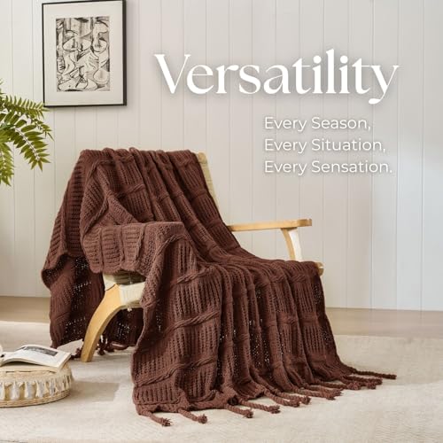 Boho Knitted Chenille Blanket with Tassels - Lightweight & Soft All-Season Throw - 3D Classic Pattern for Living Room Bedroom Couch, Copper Brown, Throw 50"x60" - color: Copper Brown, size: Throw