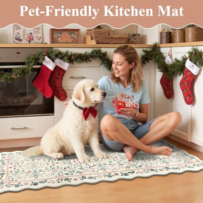 Yamaziot Boho Anti Fatigue Kitchen Rug Set of 3 Scalloped Beige & Pink - color: Beige & Pink, size: 17.3"x29"+17.3"x35"+17.3"x47"
