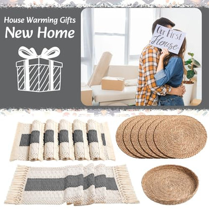 Boho Table Runner and Placemats Set, 6 Sets, Gray, 12x72 - color: Gray, size: 12x72"
