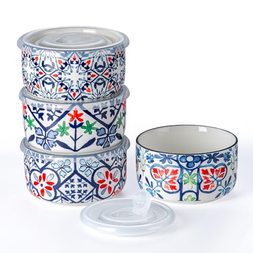 Ceramic Bowl with Lid, Microwave Safe, Set of 4 - color: color A2 - Set of 4