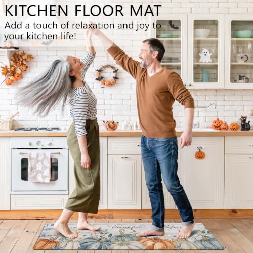 Fall Kitchen Rugs and Mats Set of 2 Blue Orange Autumn Maple Leaves Pumpkin Kitchen Decor Anti Fatigue Cushioned Kitchen Floor Mats Non Slip Waterproof Standing Mat for Laundry Office
