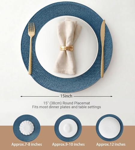 FunWheat Round Braided Placemats Set of 6 Table Mats for Dining Tables Woven Washable Non-Slip Place mats 15 in(Blue, 6pcs) - color: Blue, size: Set of 6