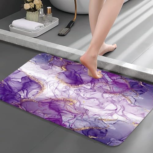 Purple Bath Mat, Marble Texture Abstract Bathroom Rugs No Silp, Purple Gold Colorful Romantic Abstract Bathroom Kitchen Door Mat, Soft Modern Luxury Elegant Art Decor 17X29in - color: Purple, size: 1'5" x 2'5" (Rectangular)
