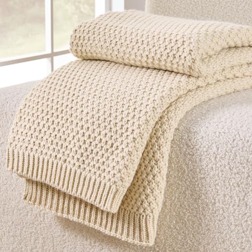 Beige Throw Blanket, Moss Knit, 50" x 60", Ivory Beige - color: Moss-beige, size: 50"x60"