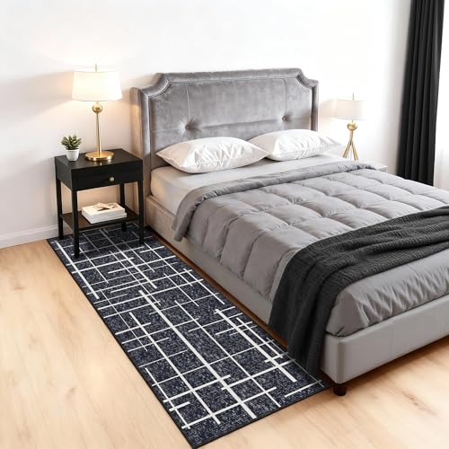Washable Runner Rug 2x6, Modern Distressed Stripe, Kitchen Runner Rug Non Slip, Woven Thin No Shed Carpet Runners for Entryway, Kitchen, Laundry Room- Midnight Black - color: Striped-black/White, size: 2' x 6' (Runner)