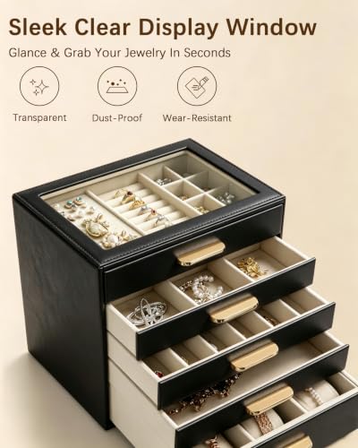 Homeanda Jewelry Boxes Organizer with Glass Lid, 5-Layer PU Leather, Black - color: Black, size: 5 Layer