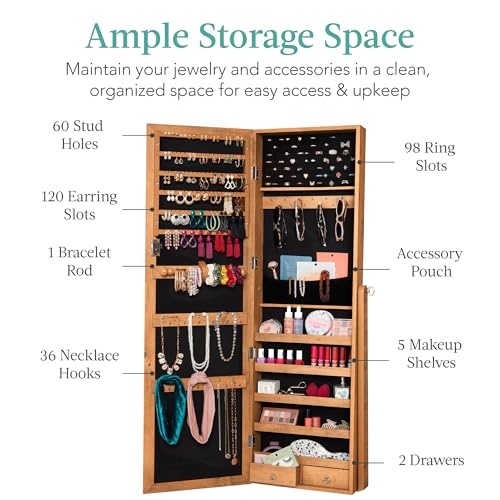 Best Choice Products Freestanding Jewelry Armoire Cabinet, Full Length Standing Mirror, Lockable Makeup Storage Organizer, w/Velvet Lining, 3 Angles, Lock, Accessory Pouch, 5 Shelves - Rustic Brown - color: Rustic Brown