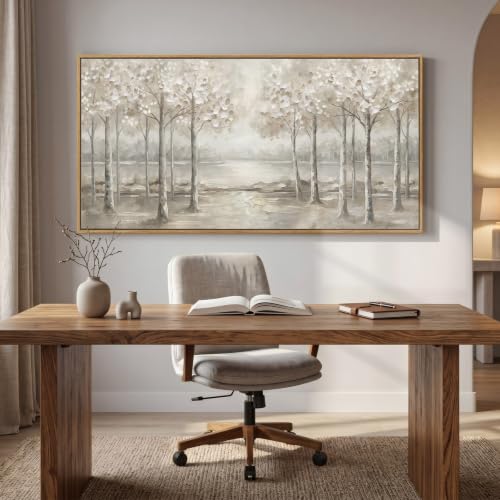 Framed Birch Tree Forest Landscape Wall Art for Living Room, 60x30 Inch - color: White Gray