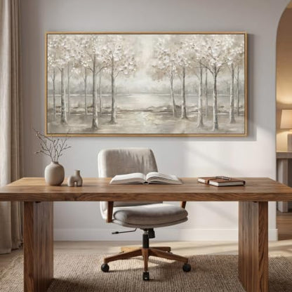 Framed Birch Tree Forest Landscape Wall Art for Living Room, 60x30 Inch - color: White Gray