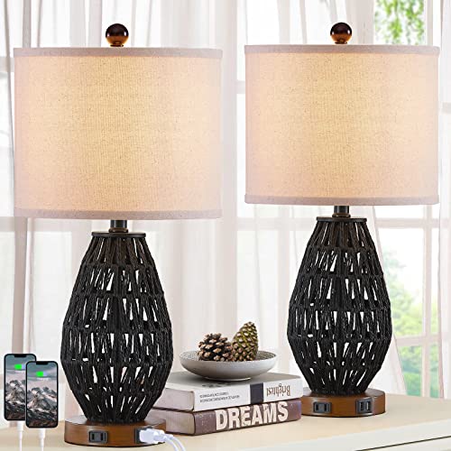 CINSARY Touch Control Rattan Table Lamps, 3 Way Dimmable Bedside Lamps for Bedroom Set of 2 with 2 USB Ports and AC Outlet, Wicker Nightstand Lamps for Living Room (LED Bulbs Included), Black - color: Black