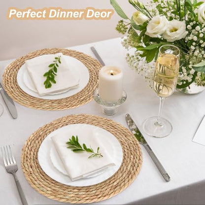 Round Woven Placemats Set of 12，13.8 Inch Natural Rattan Placemats Hand-Woven Water Hyacinth Placemat Farmhouse Rustic Braided Boho Wicker Table Mats for Dining Table Wedding Home (13.8 Inch) - size: 13.8