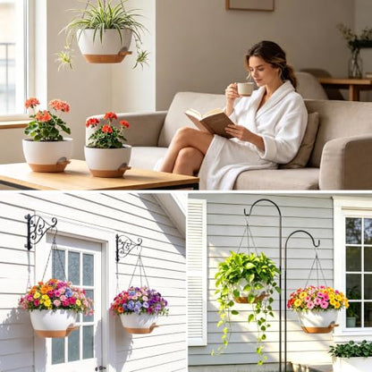 8 Inch Self Watering Hanging Planters Set of 3 with Saucers - color: White Brown, size: 8 Inch 3 Pack