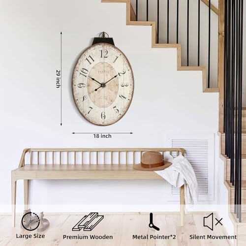 24" H x 18" W Large French Country Oval Wall Clock for Living Room Decor, Rustic Farmhouse Wall Clock Decorative, Solid Wood Frame with Iron Hanging Ring, Silent Non-Ticking Battery Operated - color: 24 Inch Oval Wall Clock