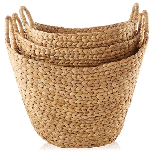 Casafield Set of 3 Multipurpose Boat Baskets with Handles - Natural, Woven Water Hyacinth Storage Organizers for Throw Blankets, Bedroom, Laundry