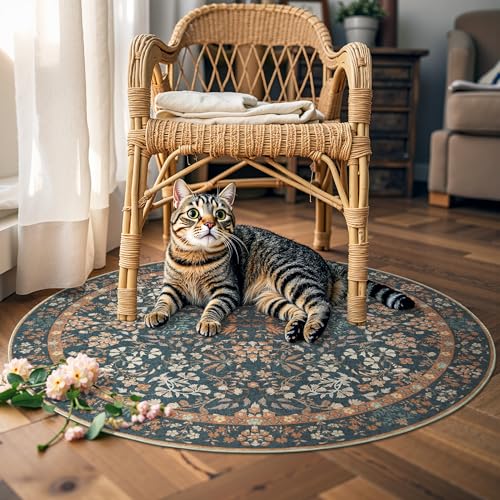 jinchan 5ft Washable Round Area Rug, Soft Floral Non-Slip, Dark Blue - color: Dark Blue, size: 5' (Round)