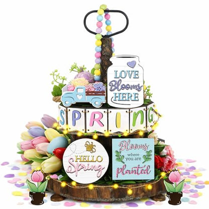 Patelai Spring Tiered Tray Decor Set Wooden Pastel Hello Spring Decor Truck Tulip Flower Table Signs Rustic Farmhouse Tiered Tray Decoration for Home Tabletop Living Room Kitchen Decorations - style: Spring