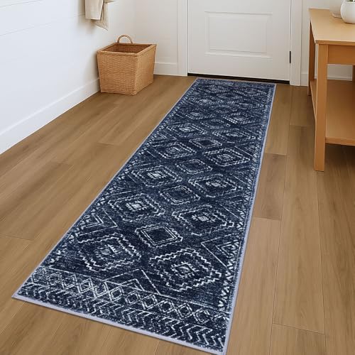 KILOCOCO Washable Runner Rug 2x7 ft Non Slip Hallway Runners, Dark Blue - color: Dark Blue, size: 2' x 7' (Runner)