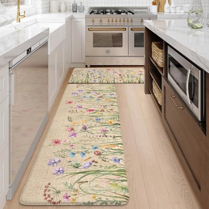 KIMODE Anti Fatigue Kitchen Mats, Brown Farmhouse Kitchen Rugs Sets of 2 - color: Floral/Brown, size: 47"L x 20"W x 0.47"Th + 32"L x 20"W x 0.47"Th