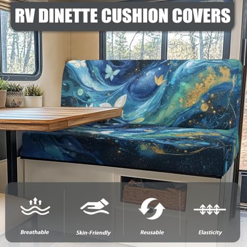 Butterfly Marble Blue Gold Print RV Dinette Cushion Covers 2 Pieces Scratch-Resistant Camper Seat Covers Dinette Booth Elastic RV Couch Cover Loveseat Sofa Chair Cover - color: Butterfly Marble Blue Gold