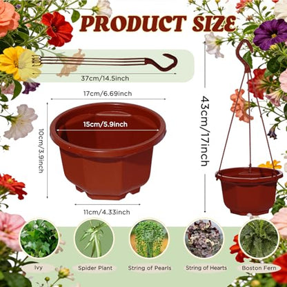 4 Pieces Plastic Hanging Planters, 6.7 x 5.5 Inch Hanging Flower Basket with Hook Hanging Nursery Planter Holder Small Flower Pots for Outdoor Indoor Plant Garden (Brown) - color: Brown