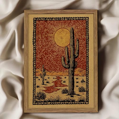 Framed Vintage Desert Cactus Wall Art, Desert Giant Cactus Canvas Print, Retro Style Sunburst Landscape Artwork, Southwestern Rustic Wall Decor for Living Room Bedroom Office 8x10in - color: Desert Cactus, size: 10"L x 8"W