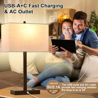 21" Touch Bedside lamps with 2 USB & AC Outlets, 3-Way Dimmable Bedside Table Lamps Set of 2 for Bedroom Living Room Office Reading, White Shade Lamps for Night Stands, 2700K LED Bulbs Included - color: White Linen & Brown