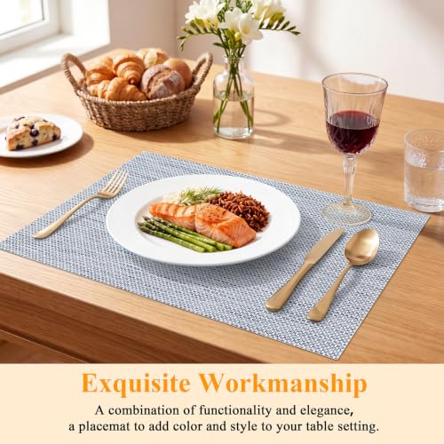 SHACOS Blue White Silver Thread Woven Placemats Set of 4 Vinyl Place Mats - color: Blue White Silver, size: Set of 4