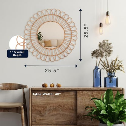 American Art Decor 25" Boho Woven Rattan Mirror - Round Decorative Wall Mirror - Rustic Farmhouse Small Hanging Accent Mirror for Living Room, Bedroom, Kitchen, Bathroom, Entryway