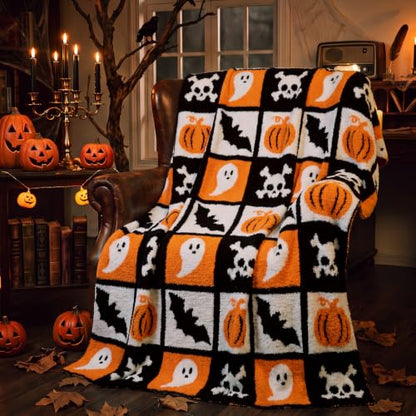 Halloween Ghost Blanket Spooky Pumpkin Bat Skull Knit Throw Blankets - color: Black and White, style: Halloween Reversible Ghost