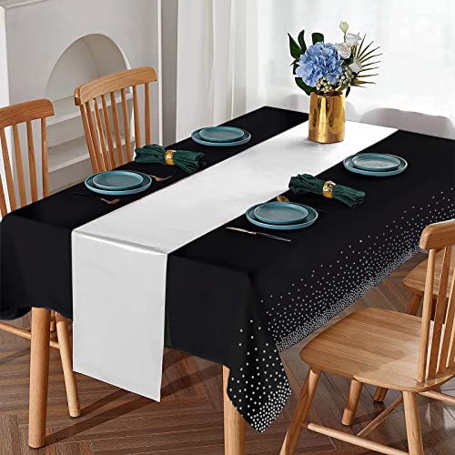 8Pack Disposable Plastic Tablecloths and Satin Table Runner Set Black and Silver Dot Tablecloth Silver Satin Table Runner for Wedding Birthday Baby Shower Anniversary Christmas New Year Party Supply - color: Black and Silver, size: 8 Pack