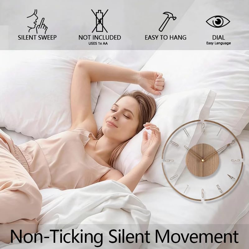 Modern Minimalist Wooden Wall Clock - Silent Non-Ticking Battery Operated Wall Clock for Living Room Bedroom Kitchen Office Decor, 12 Inch Large Wall Clock with Sleek Open Frame Design