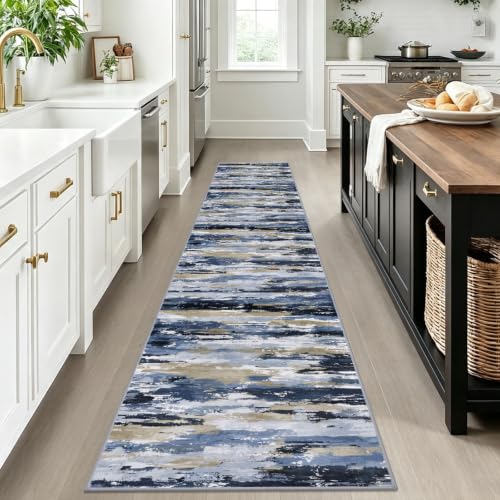 Abstract Washable Runners for Hallway 2x10 Runner Rug Non Slip - color: Navy / Blue / Taupe, size: 2' x 10' (Runner)