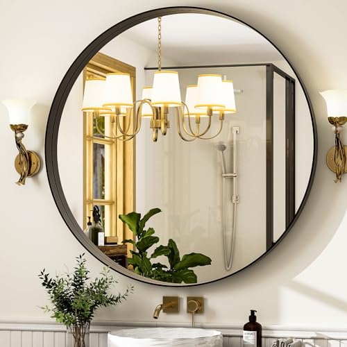32 Inch Round Bathroom Mirror - Wall Mounted Circle Mirror with Metal Frame, Modern Home Suitable for Bathroom, Vanity, Entryway, Living Room, Wall Decor,Black - color: Black, size: 32"L x 32"W