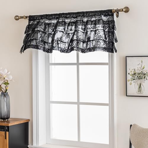 Kotile Black Ruffle Lace Valance for Windows W52 x L18 Inch, 1 Panel - color: Black - Ruffle Lace