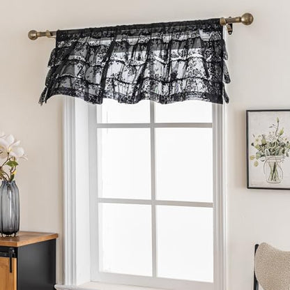 Kotile Black Ruffle Lace Valance for Windows W52 x L18 Inch, 1 Panel - color: Black - Ruffle Lace