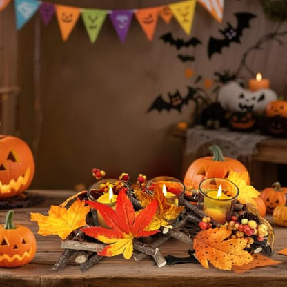 Candle Holder Autumn Decoration, Handmade Candle Holder, Wooden Tea Light Holder, Autumn Decoration with 3 Glass Cups, Lantern, Autumn Decorative Candle Holder, Fall Decor Aesthetic Indoor