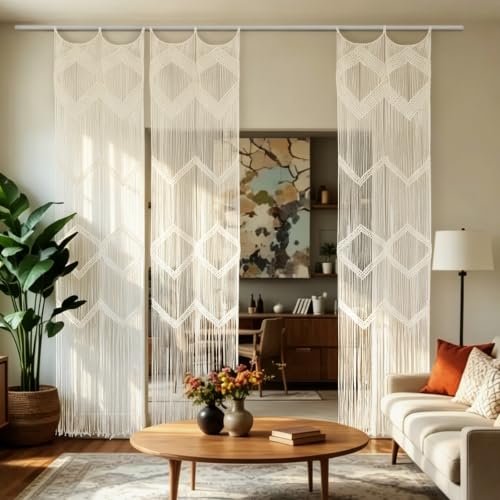 Flber 2Pcs Boho Beige Macrame Curtains Sheer Window Decor 23.6" W*98" L - color: Beige1*2
