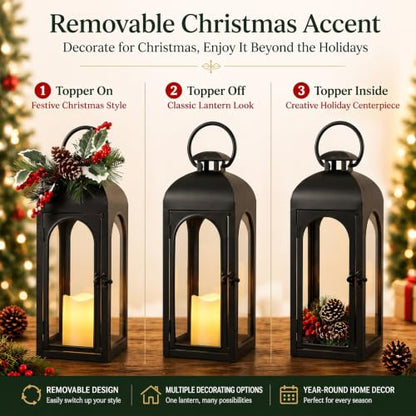 Bdor 16 Inch Black Metal Christmas Lantern with Remote LED Candle and Timer