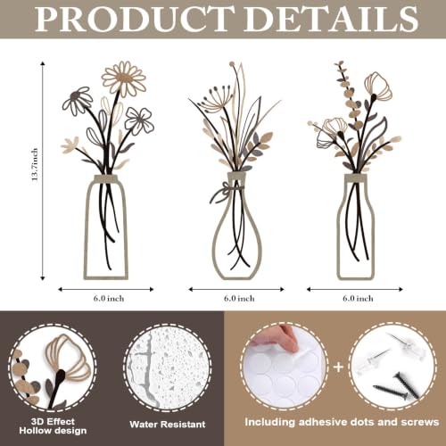 Pigort 3 Pieces Metal Flowers Wall Arts - Rustic Farmhouse Style Décor Metal Wall Art Black Minimalist Flower Natural Themed Wall Decors for Home Bedroom Dining Room Housewarming (Brown) - color: Brown