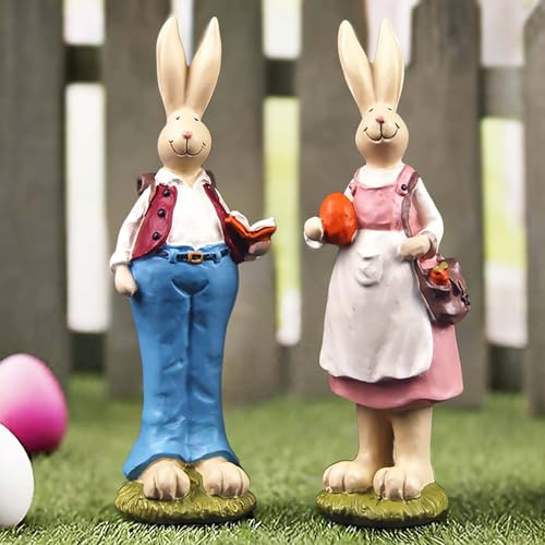 Easter Bunny Figurines Set of 2, Resin Rabbit Couple Decor, 6.1 Inch