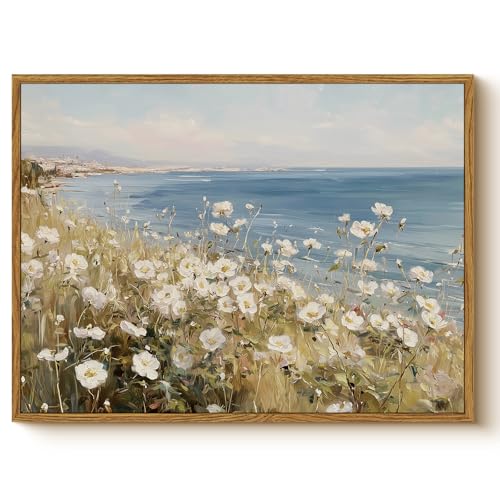 WHASAYART Framed Coastal Landscape Floal Canvas Wall Art 12x16 Inch - color: Camellia by the Shore, size: 16"L x 12"W