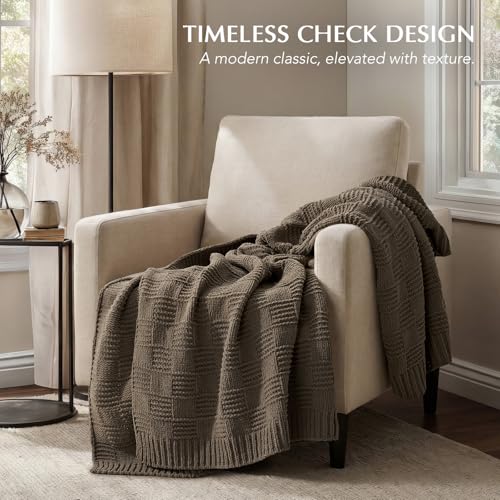 EVERGRACEHOME Modern Checkered Chenille Throw Blanket, 60x80, Mocha Brown - color: Mocha Brown, size: 60" X 80"