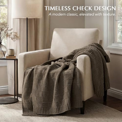 EVERGRACEHOME Modern Checkered Chenille Throw Blanket, 60x80, Mocha Brown - color: Mocha Brown, size: 60" X 80"
